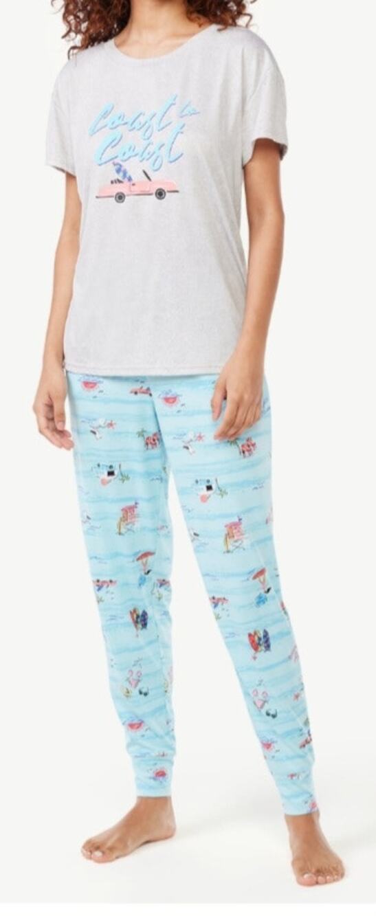 Joyspun Women's 2pc Set of Pajama's Gray with Beachy Ocean Pattern Plus 2X New